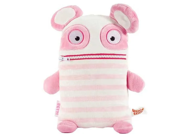 Peluche Worry Eaters rose et blanche rayée avec une bouche à fermeture éclair