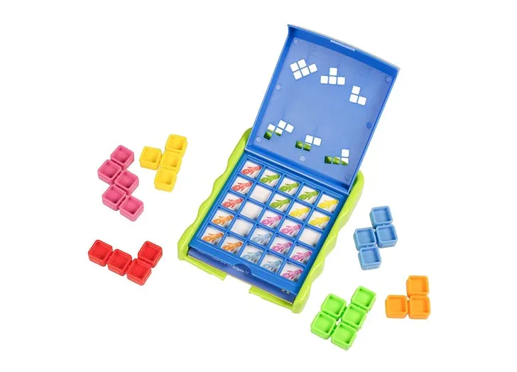 Jeu de casse-tête avec pièces colorées de style Tetris dans un étui de voyage