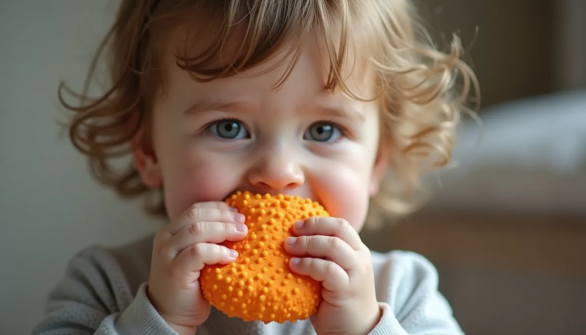 Jeune enfant qui tient et mâchouille un outil à mâchouiller orange texturé pour le soutien sensoriel