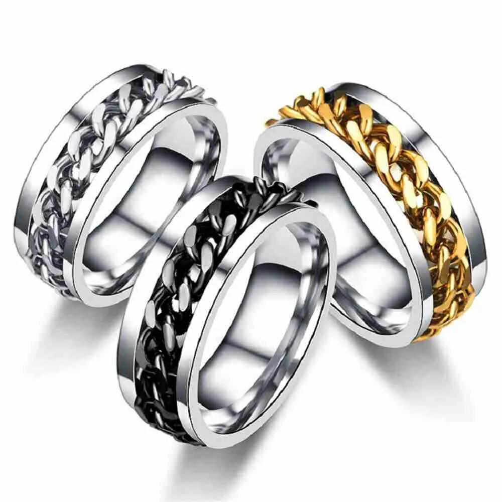 Trois bagues fidget spinner en acier inoxydable avec anneaux tournants en chaîne argent, noire et dorée