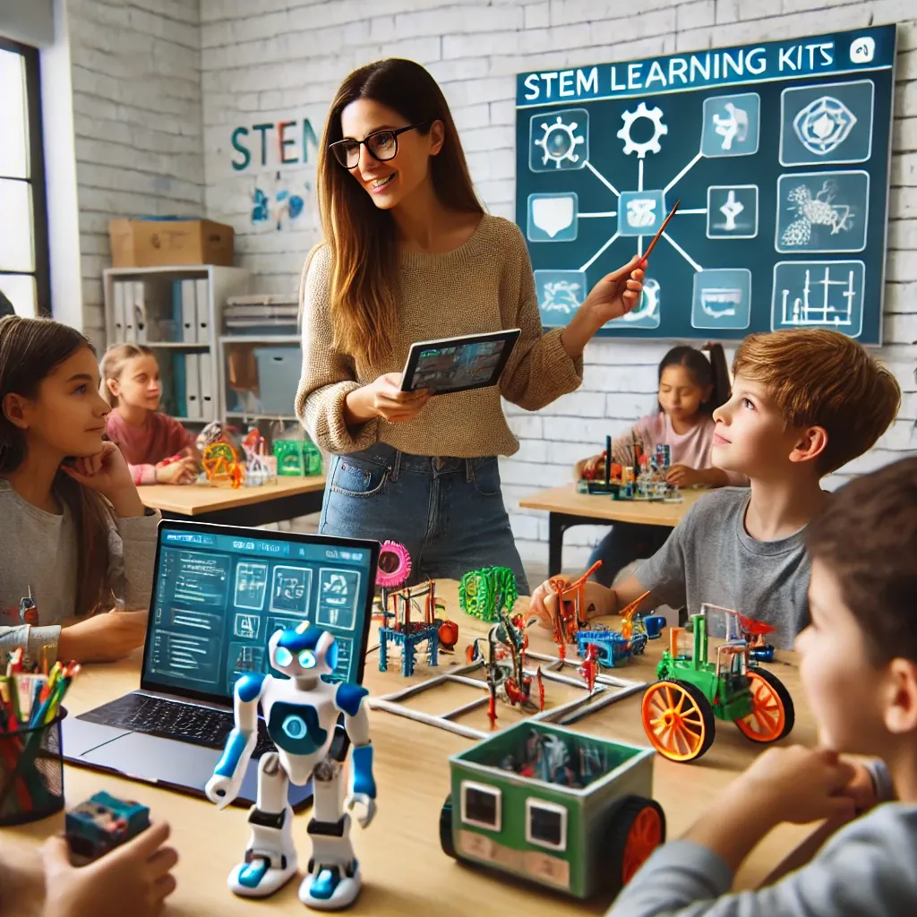 Enseignante qui présente des trousses STIM et un petit robot à ses élèves en classe