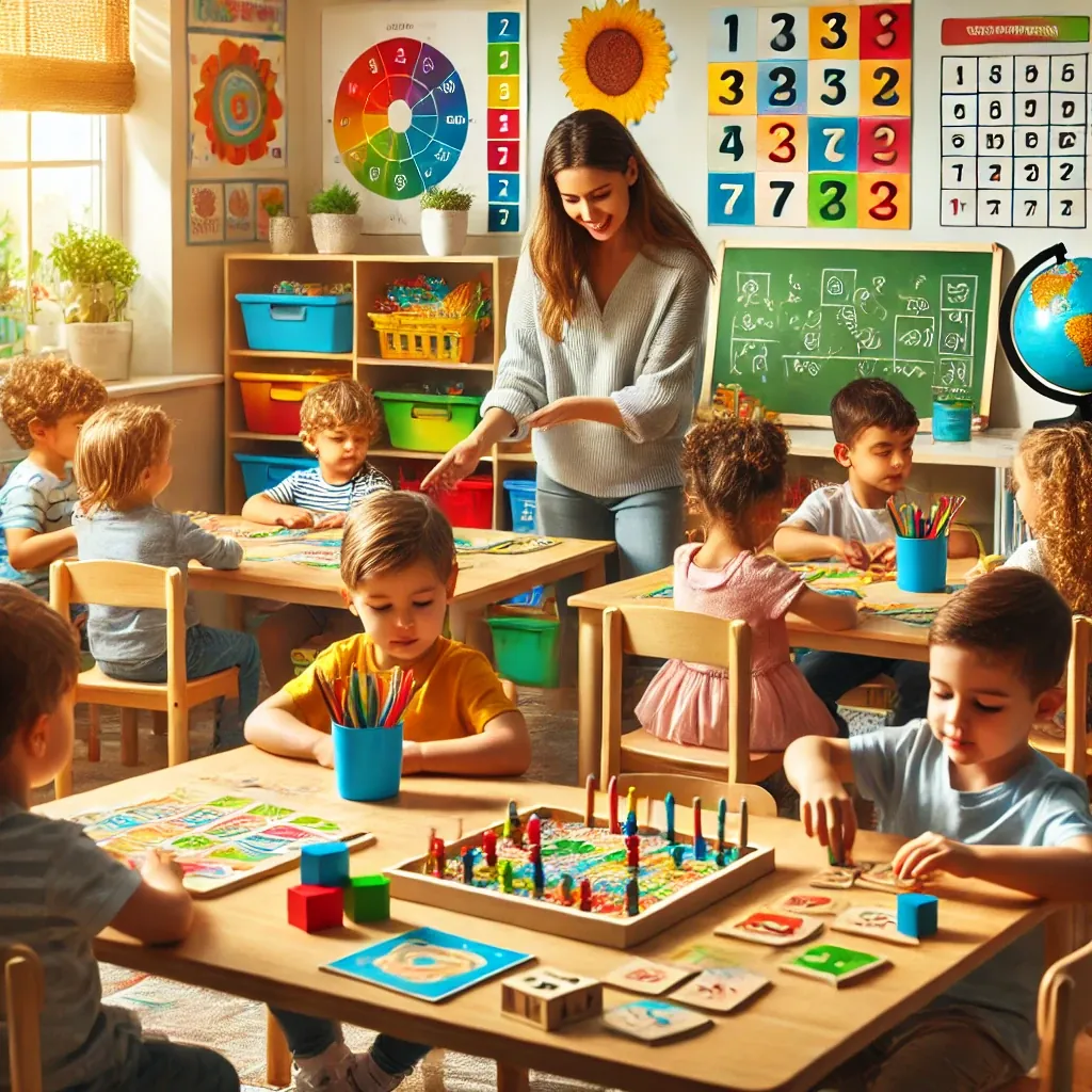 Jeunes enfants qui utilisent des manipulatifs de mathématiques et des jeux éducatifs à leurs tables en classe