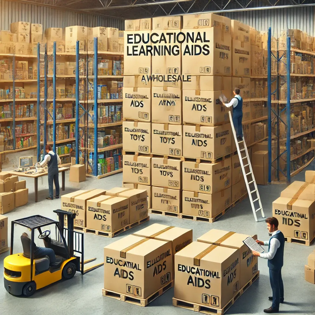 Entrepôt aux étagères remplies de boîtes d'aides à l'apprentissage prêtes pour les commandes en gros