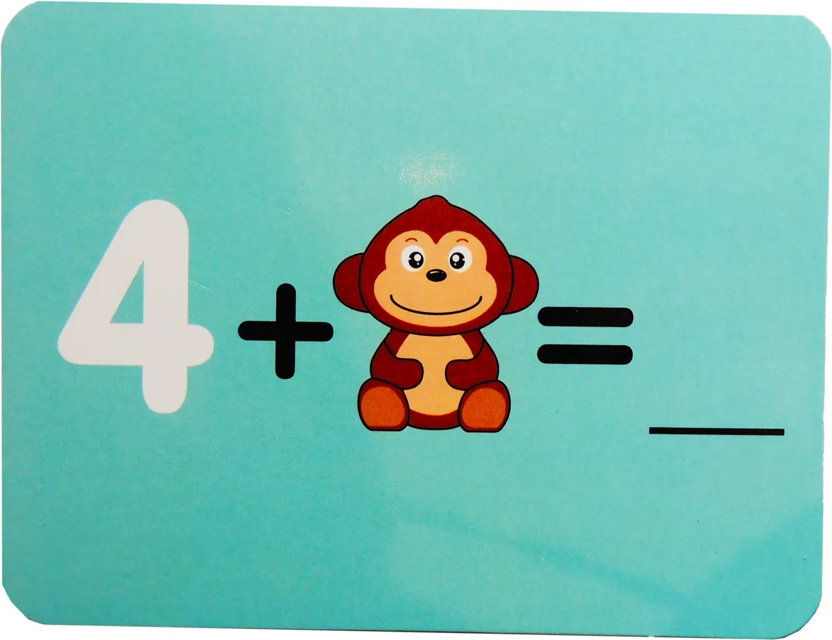 Carte-défi de la balance du singe montrant l'équation 4 plus un singe égale un espace vide