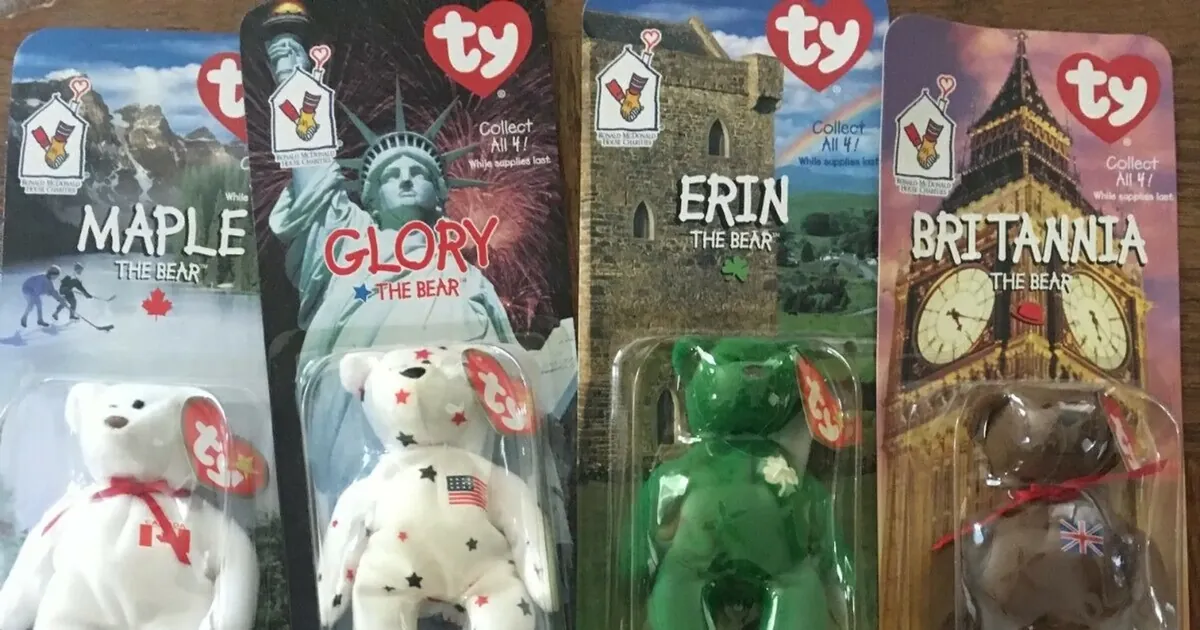 Oursons Teenie Beanie Babies de McDonald's Maple, Glory, Erin et Britannia dans leur emballage