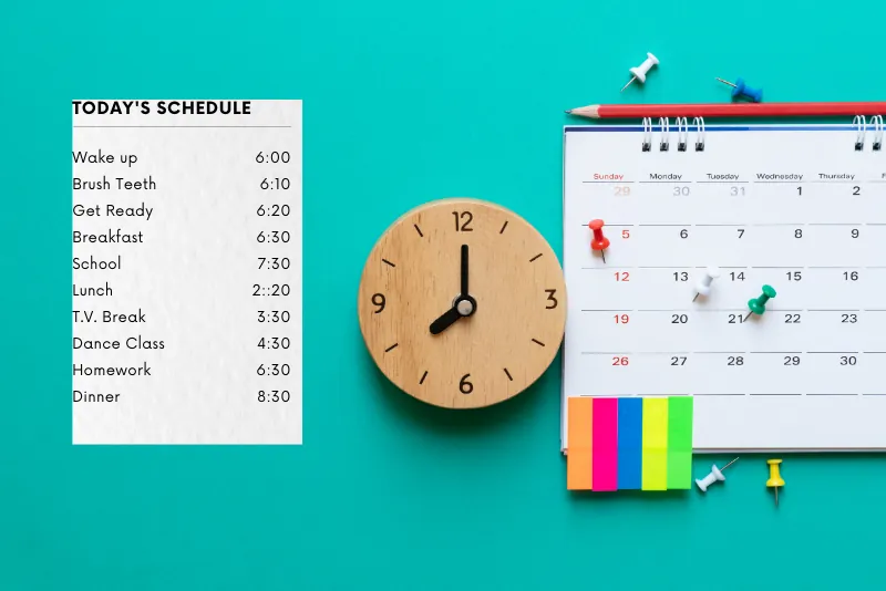Horaire visuel de la journée avec les heures, une horloge et un calendrier pour structurer la routine d'un enfant