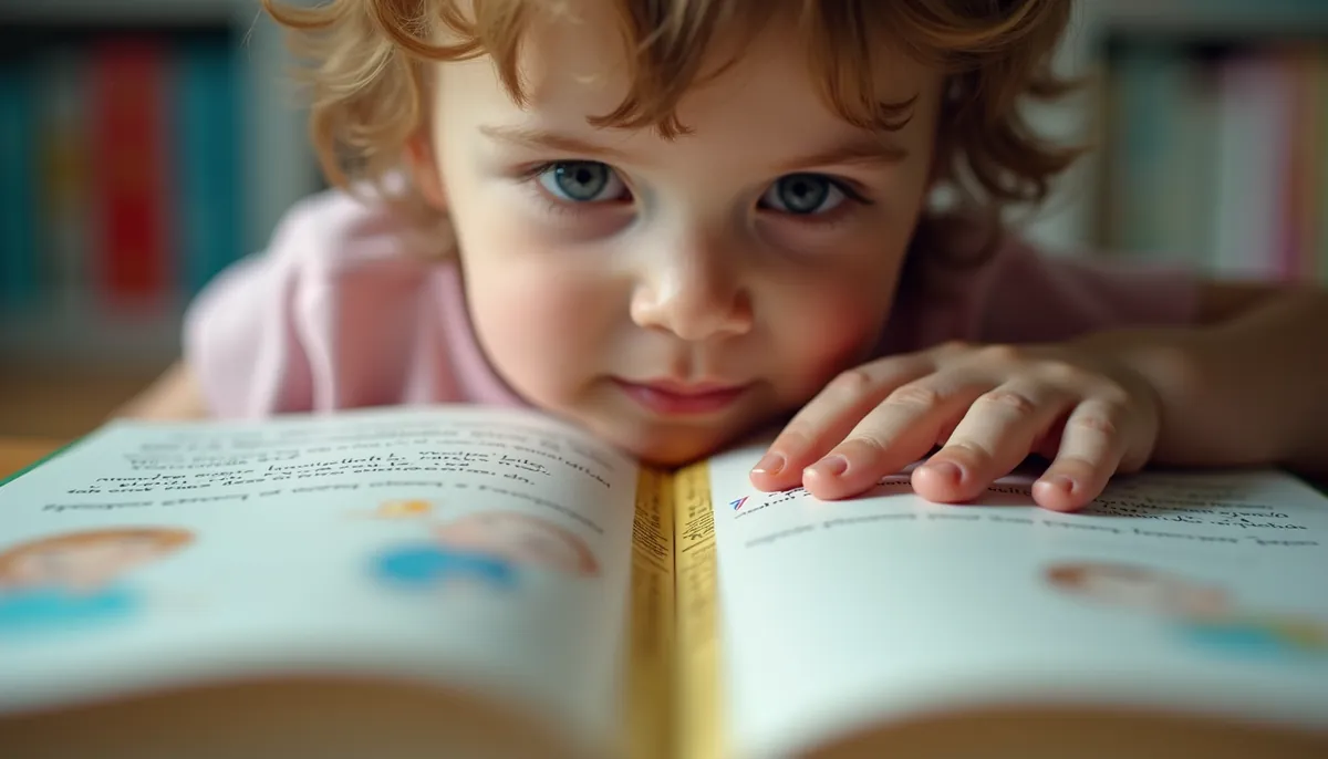 Enfant qui suit le texte d'un livre illustré coloré à l'aide d'une règle de lecture
