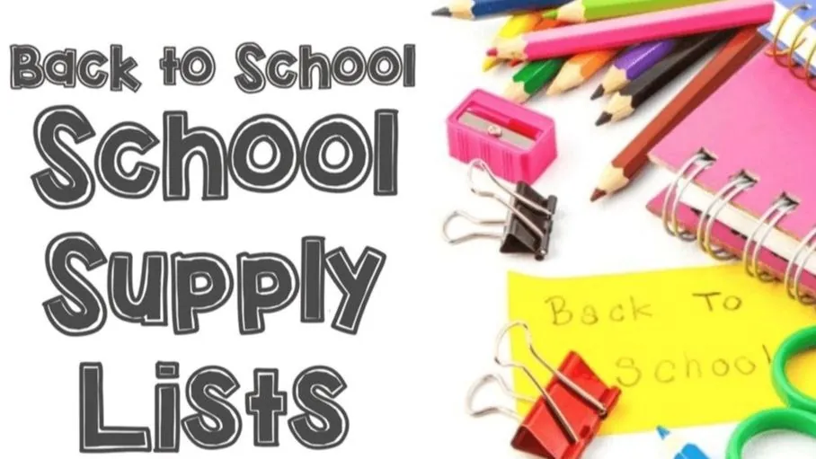 Visuel « Back to School — School Supply Lists » avec crayons de couleur, pinces à reliure et cahier à spirale