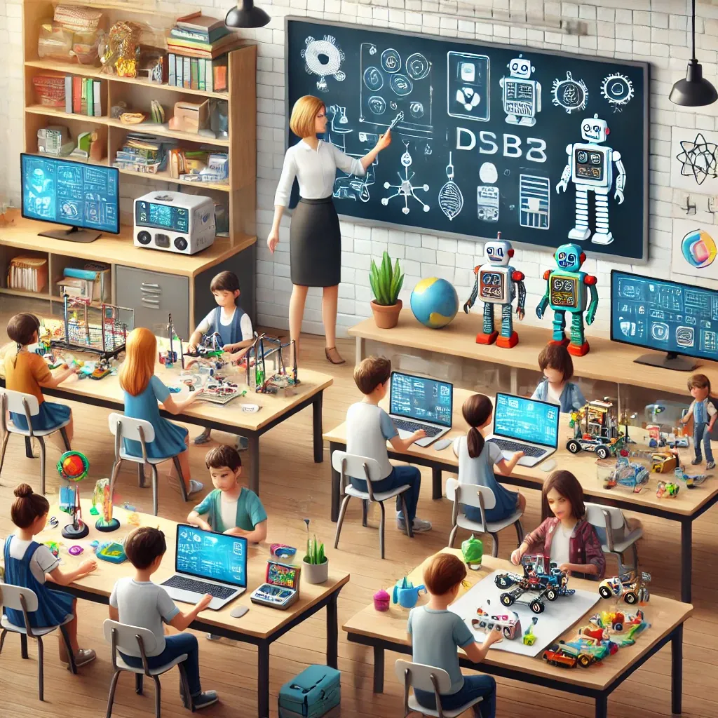 Illustration d'une classe STIM où les élèves travaillent avec des robots, des ordinateurs portables et des trousses de codage