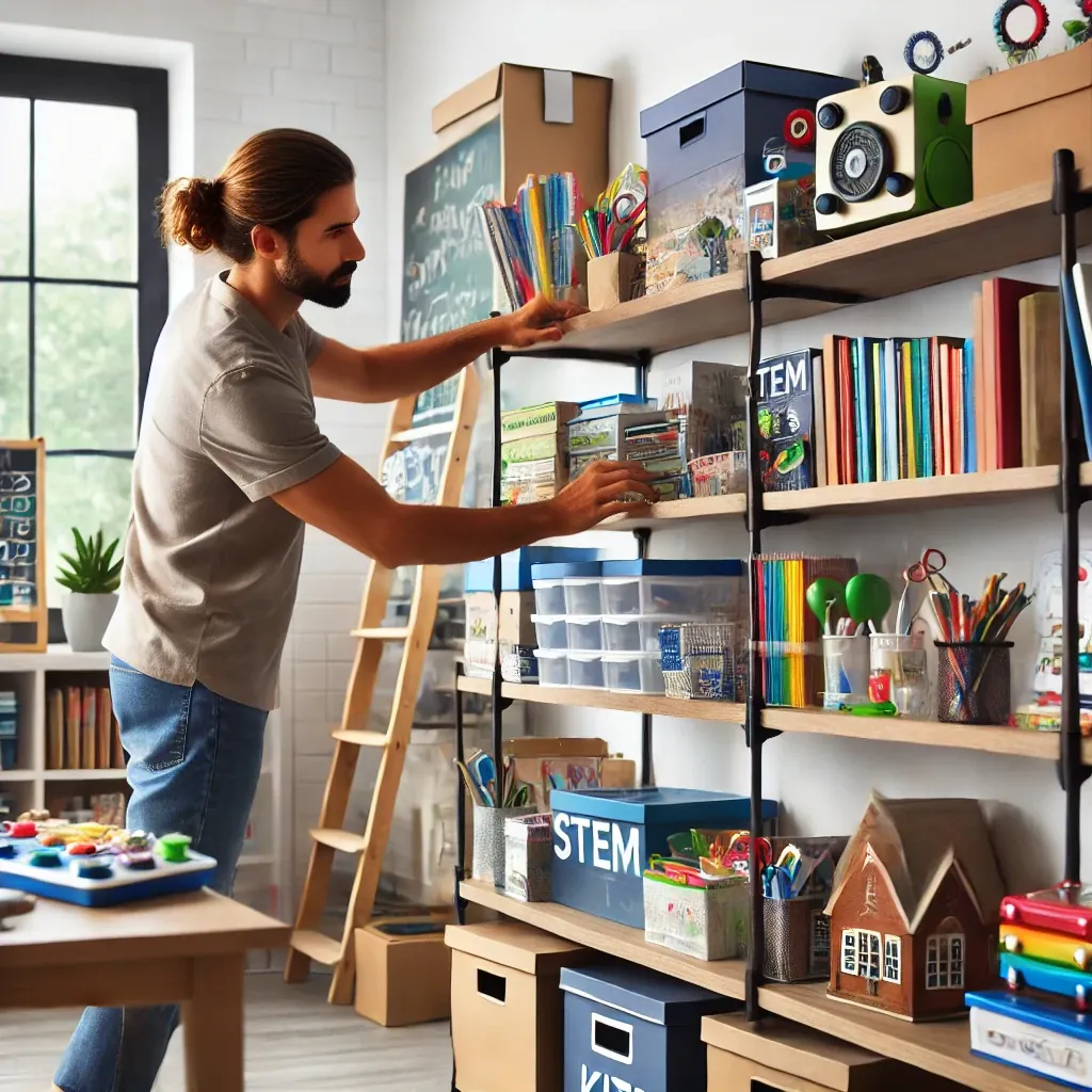 Illustration d'un enseignant qui range des étagères de classe garnies de fournitures et d'aides à l'apprentissage