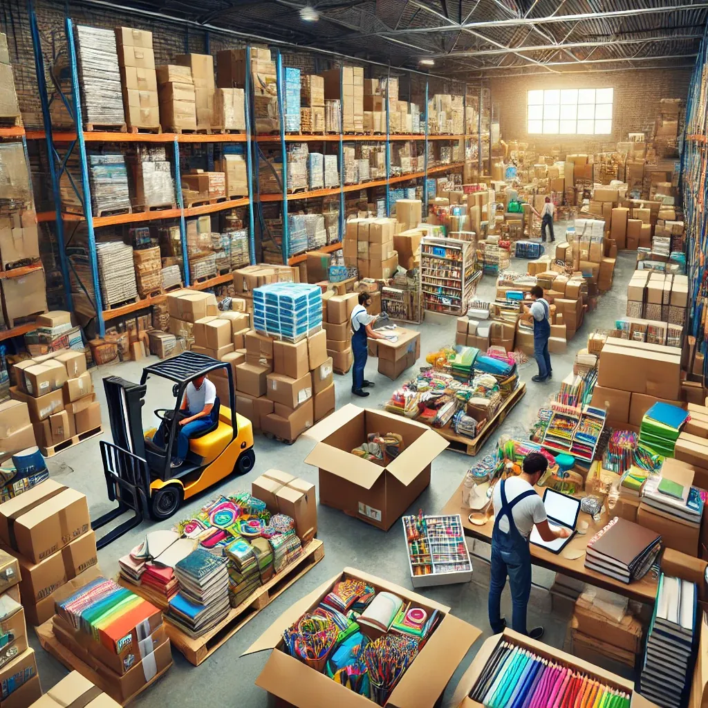 Illustration d'un entrepôt rempli de fournitures scolaires en gros prêtes à l'expédition