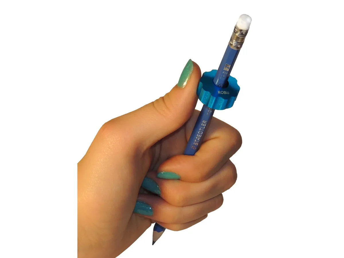 Hand holding a pencil with the blue Rolliii slid onto it