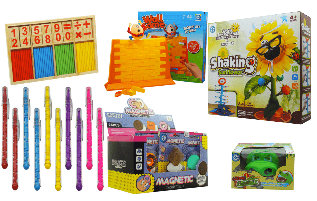 Collage de jouets sensoriels et d’aides à l’apprentissage Robiii : fidgets, putty, sabliers et règles de lecture