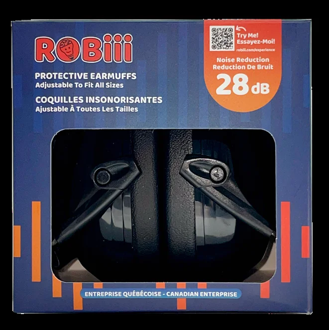 Coquilles insonorisantes Robiii pour enfants dans leur emballage bilingue