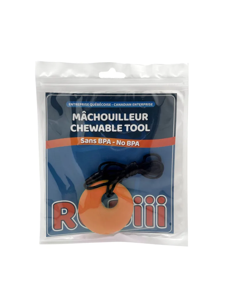 Collier à mâcher Cercle orange dans son emballage Robiii