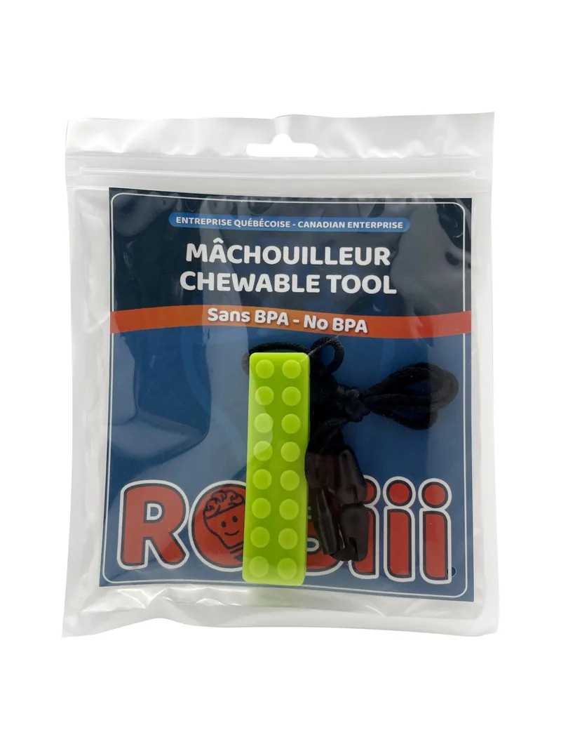 Collier à mâcher Brique vert dans son emballage Robiii
