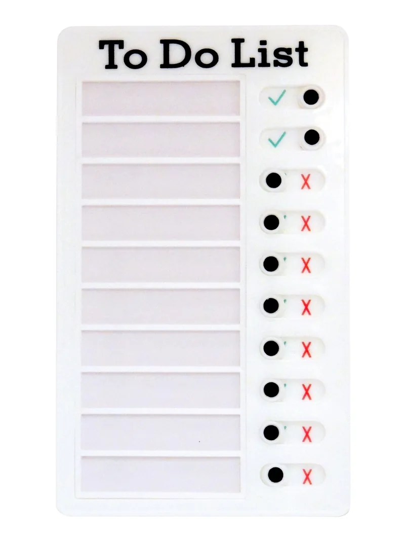 Tableau To-Do List effaçable avec curseurs crochet et X pour chaque tâche