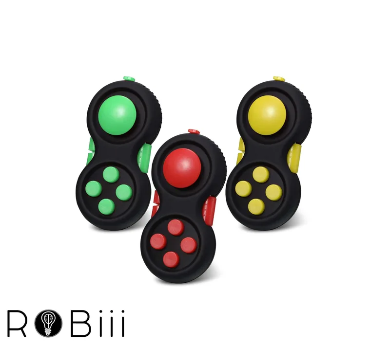 Trois Fidget Pad : vert, rouge et jaune