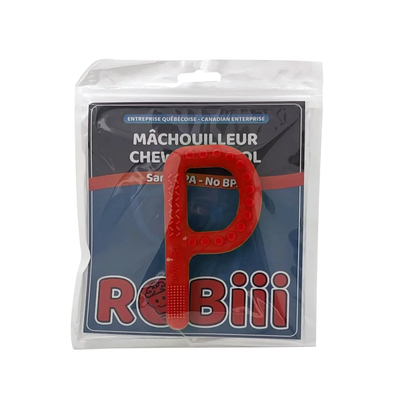 Mâchouilleur texturé en P rouge dans son emballage Robiii