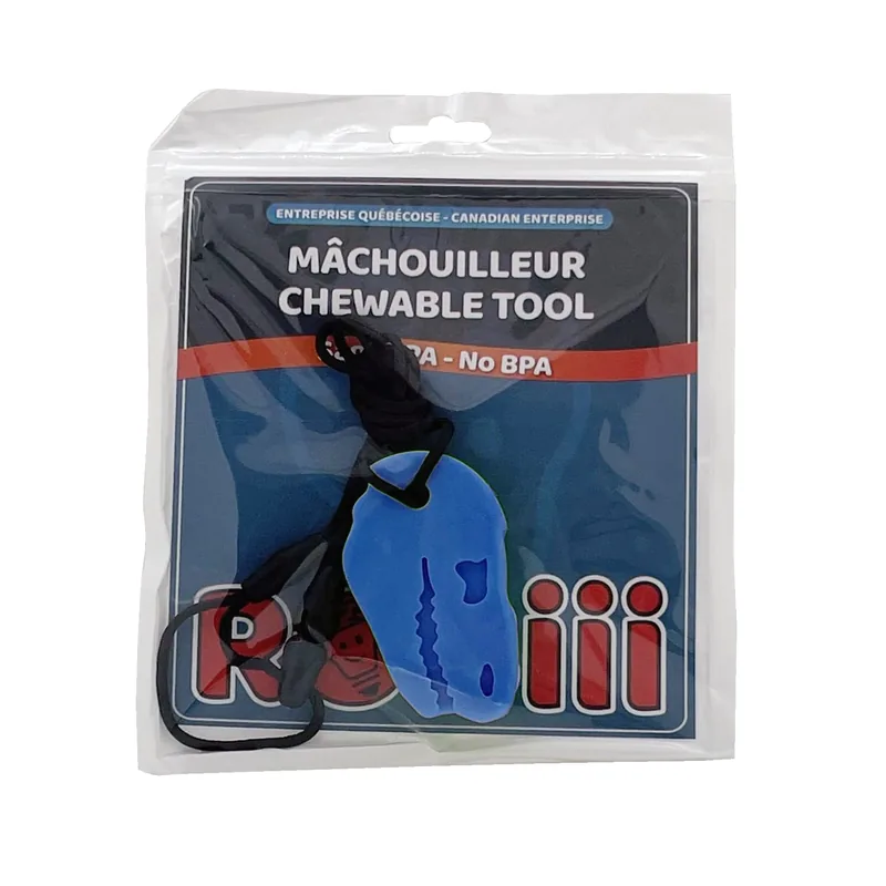 Collier à mâcher dinosaure bleu dans son emballage Robiii