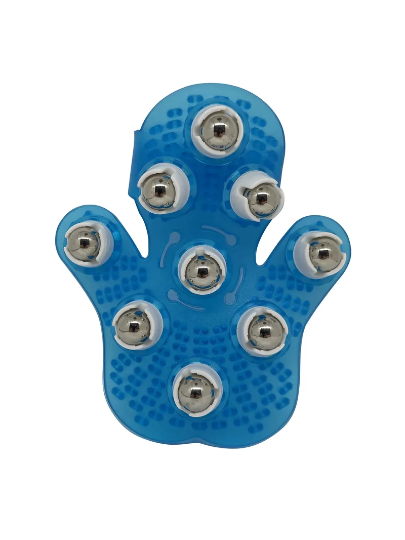 Gant de massage à rouleaux bleu avec billes de métal, vue de face