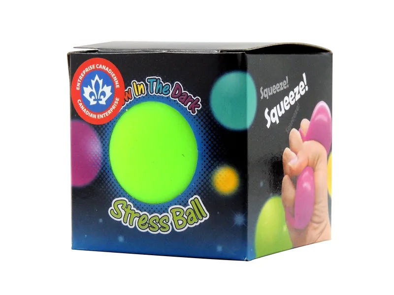 Balle anti-stress Doh Squishy verte dans sa boîte « Glow in the Dark Stress Ball »