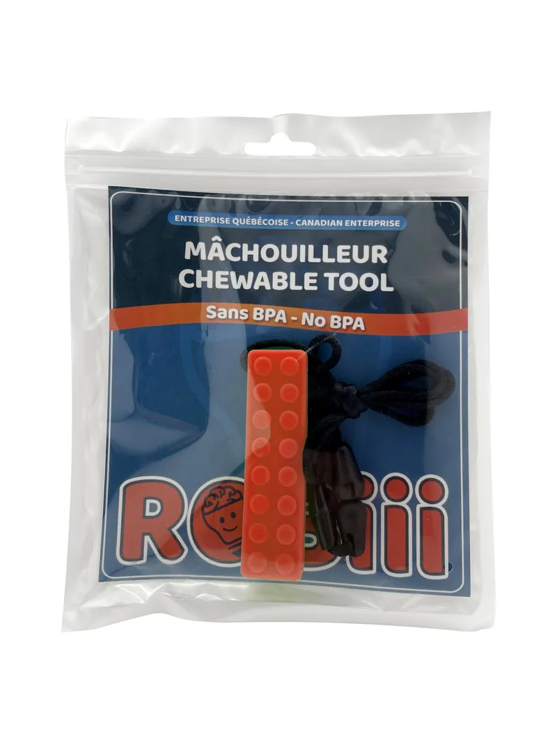 Collier à mâcher Brique rouge dans son emballage Robiii