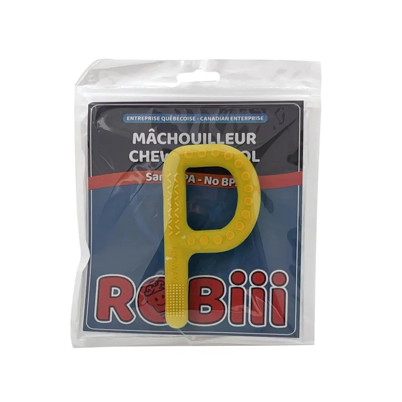 Mâchouilleur texturé en P jaune dans son emballage Robiii