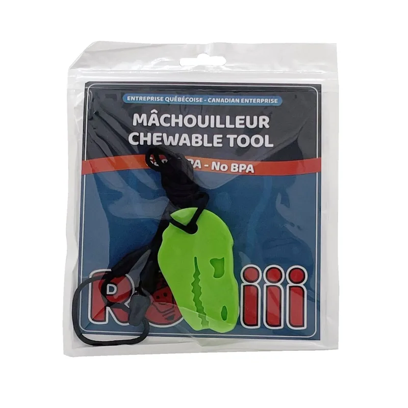 Collier à mâcher dinosaure vert dans son emballage Robiii