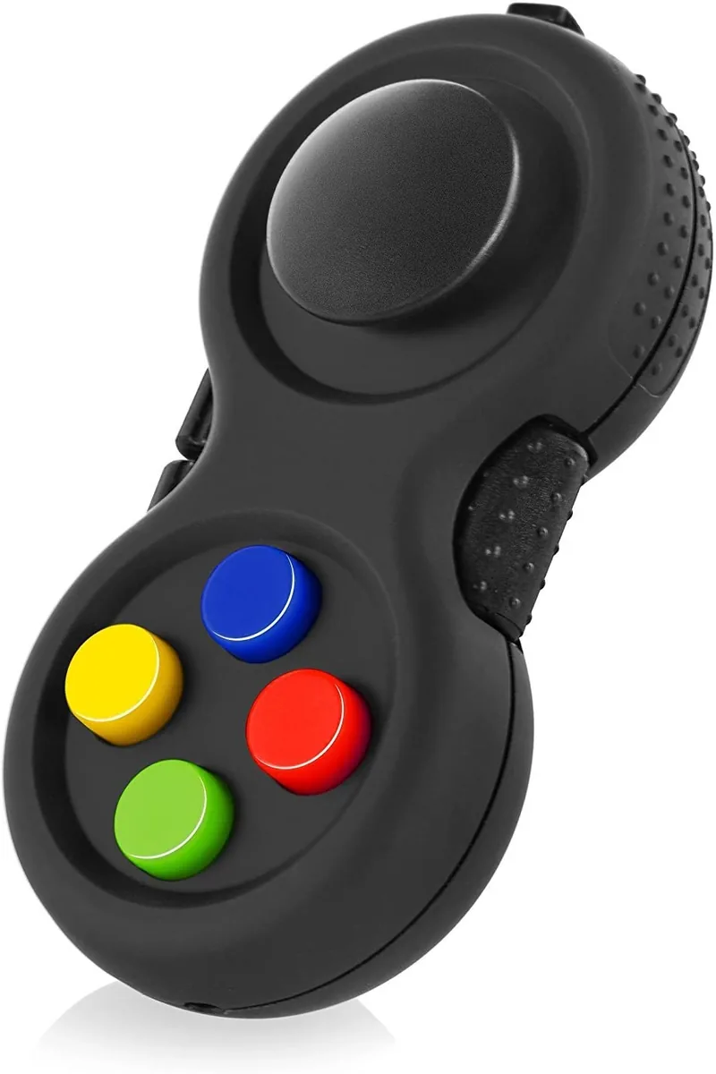 Fidget Pad noir aux boutons jaune, bleu, rouge et vert, vue de dessus