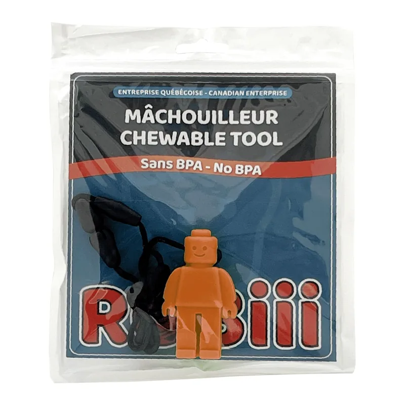 Collier à mâcher personnage en brique orange dans son emballage Robiii