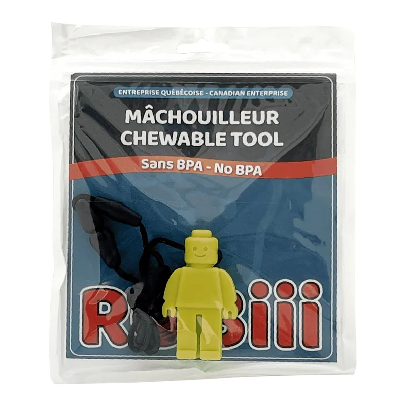 Collier à mâcher personnage en brique jaune dans son emballage Robiii
