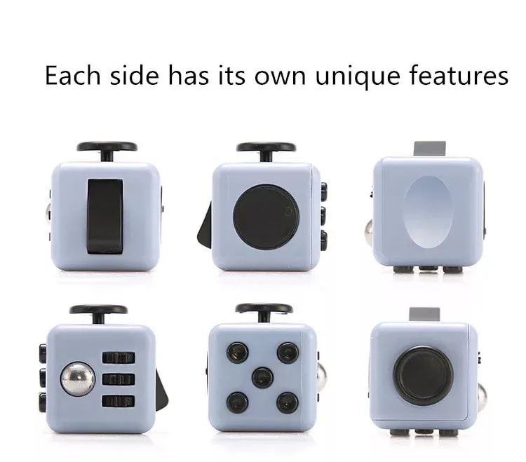 Les 6 faces du Fidget Cube : interrupteur, joystick, boutons, cadran, bille et zone à frotter