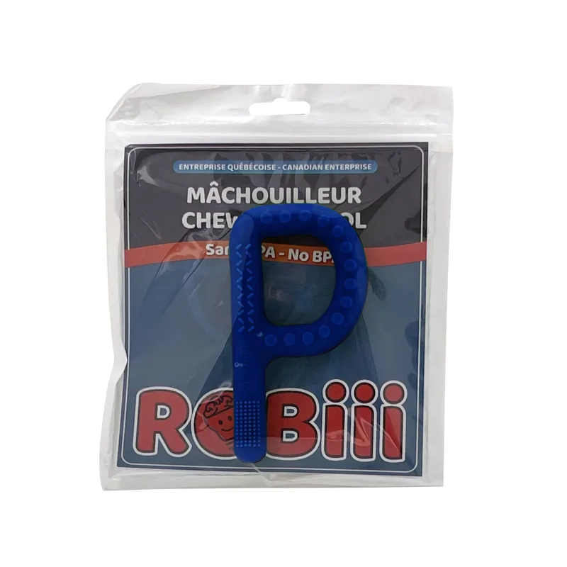 Mâchouilleur texturé en P bleu dans son emballage Robiii