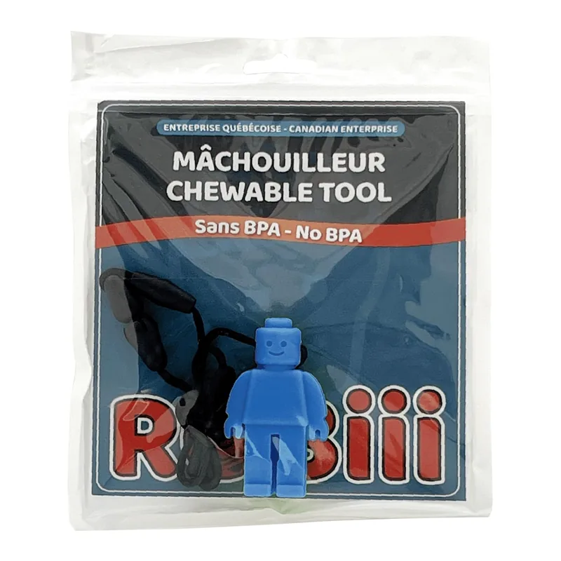 Collier à mâcher personnage en brique bleu dans son emballage Robiii
