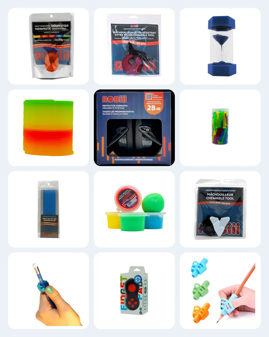 Jouets sensoriels et aides à l’apprentissage Robiii en gros : œuf sensoriel, mâchouilleur extra dur, sablier géant, ressort magique, coquilles insonorisantes, Tubiii, règle de lecture, putty thérapeutique, Rolliii, Fidget Pad et prises pour crayon